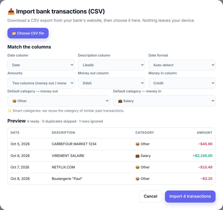 Bank CSV import preview