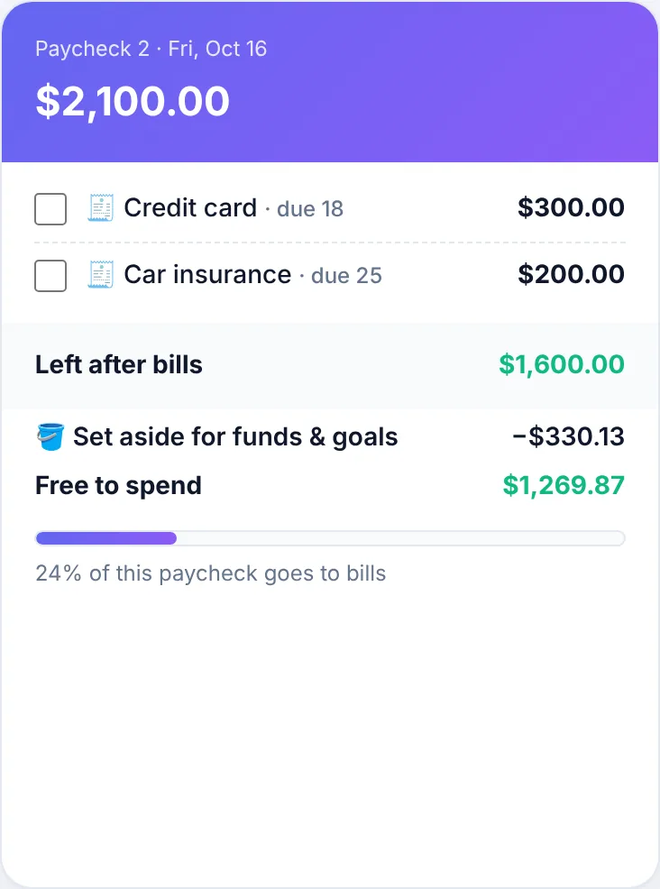 Paycheck 2 card with its bills