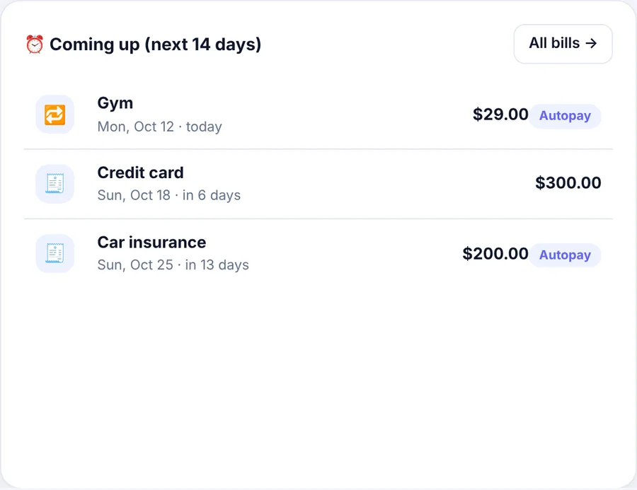 Bills coming up in the next 14 days
