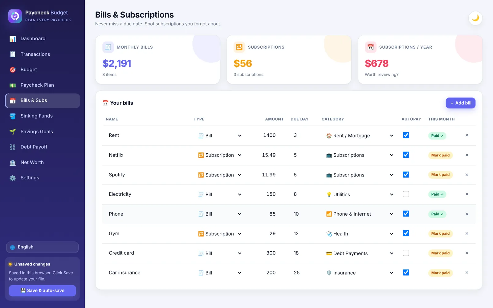Bills and subscriptions